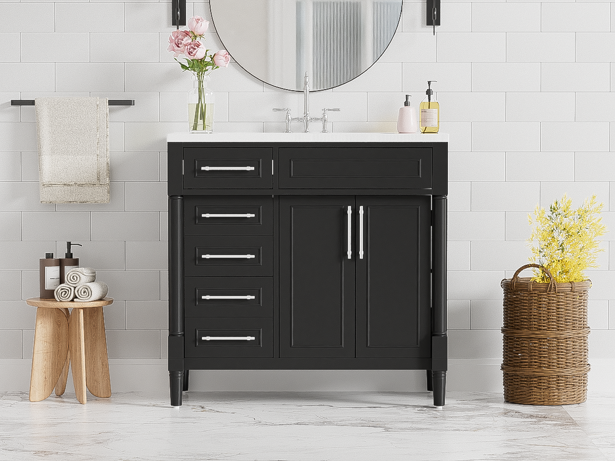 36'' Bathroom Vanity With Top Resin Sink, Freestanding Bathroom Storage Cabinet With 2 Drawers And A Tip Out Drawer, Solid Wood Frame Vanity Set, Height Adjustable Shelf Black Bathroom Solid Wood