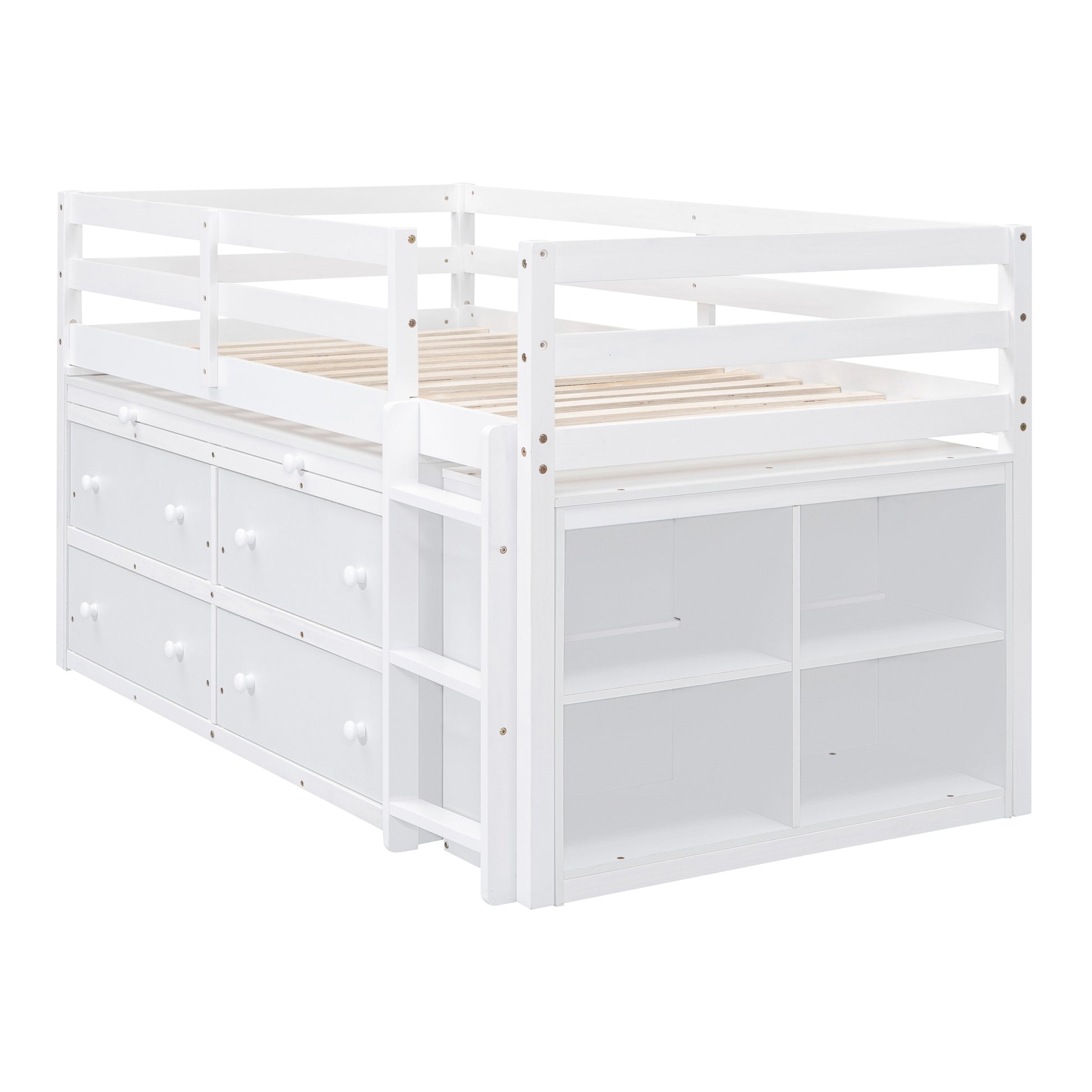 Twin Size Loft Bed With Retractable Writing Desk And 4 Drawers, Wooden Loft Bed With Lateral Portable Desk And Shelves, White White Solid Wood Mdf