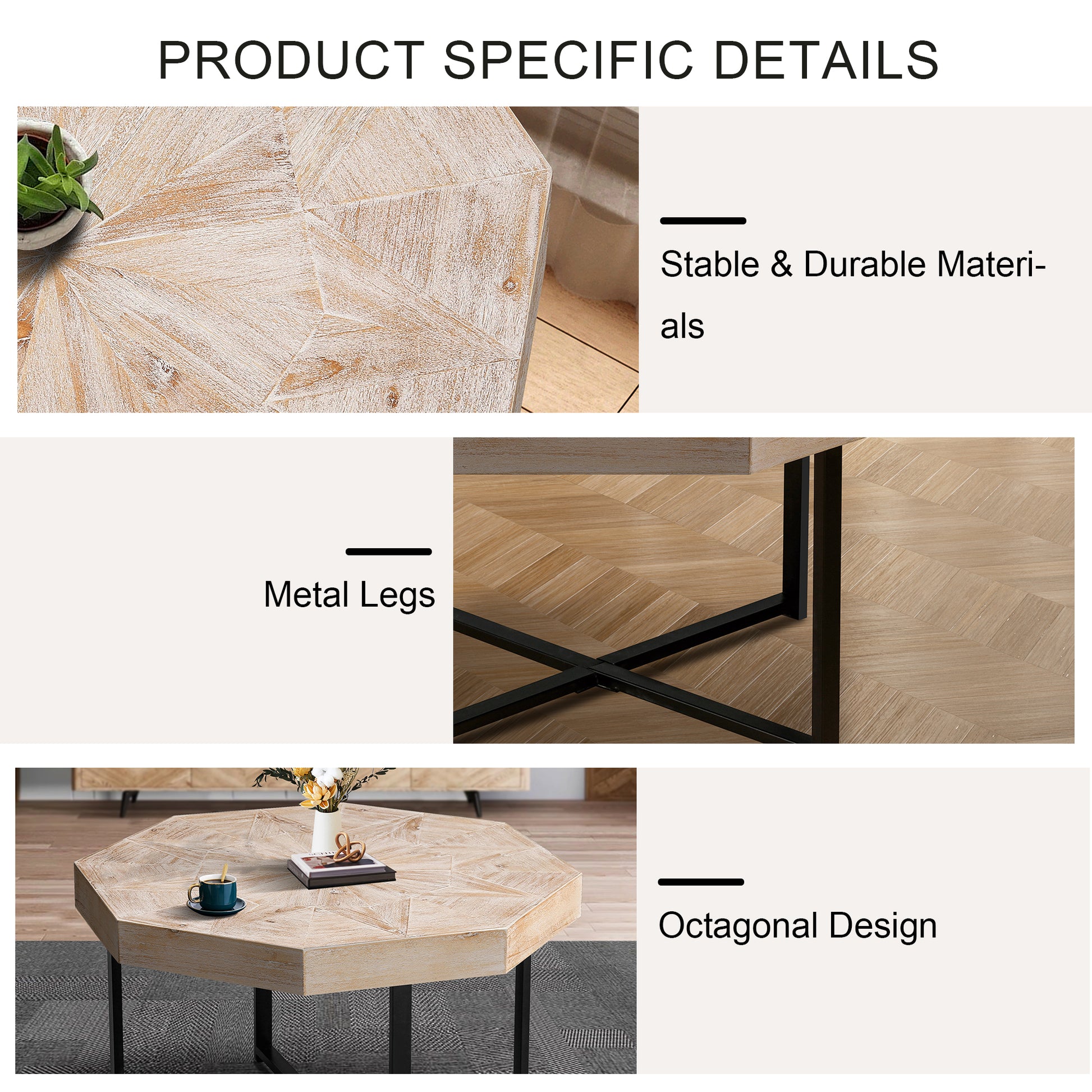 Wood Octagonal Vintage Patchwork Craft Farmhouse 30 Inch Wooden Table Top Cross Metal Legs Coffee Table For Living Room Antique Wood Oak Natural Wood Antique White Primary Living Space Antique Floor Mount Open Storage Coffee & End Tables Mdf Mdf