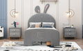 Twin Size Velvet Platform Bed With Rabbit Shaped Headboard, With Drawers, With Bed End Storage Pocket, Gray Twin Gray Plywood