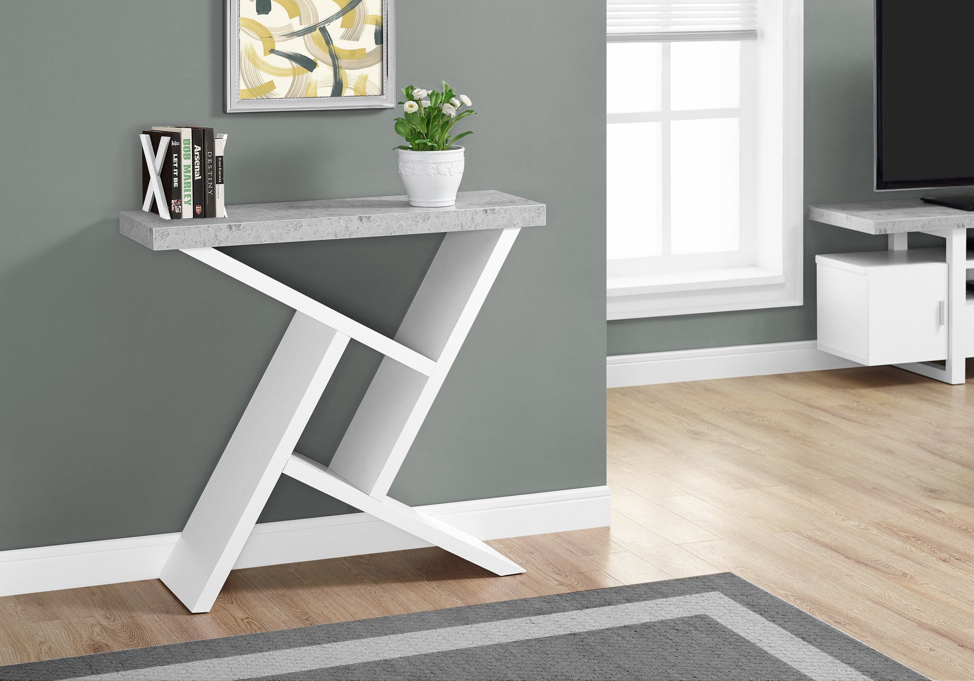 Accent Table, Console, Entryway, Narrow, Sofa, Living Room, Bedroom, Grey And White Laminate, Contemporary, Modern White Particle Board