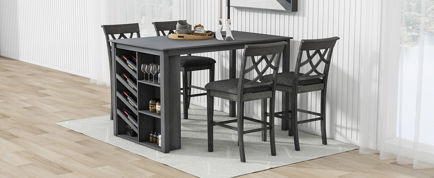Updated Counter Height 5 Piece Solid Wood Dining Table Set, 59*35.4Inch Table With Curved Wine Rack And 4 Upholstered Chairs, Grey Wood Dining Room Solid Wood Rubberwood Rectangular Dining Table With Chair Wood Wood Grey Solid Back Seats 4 Farmhouse 4