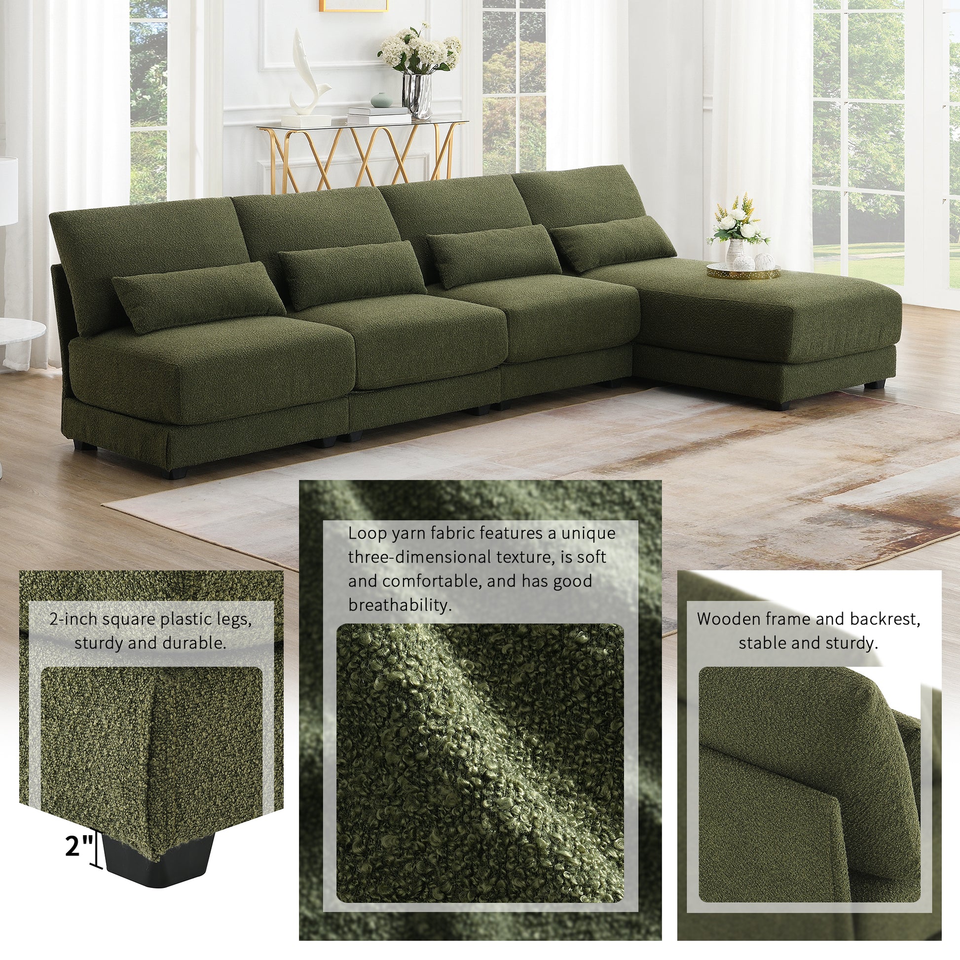 120*61" Oversized Deep Seat Sectional Sofa With Reversible Chaise,Loop Yarn Fabric 5 Seat Armless Indoor Furniture,Convertible L Shaped Couch For Living Room,Apartment,3 Colors Green Fabric 5 Seat