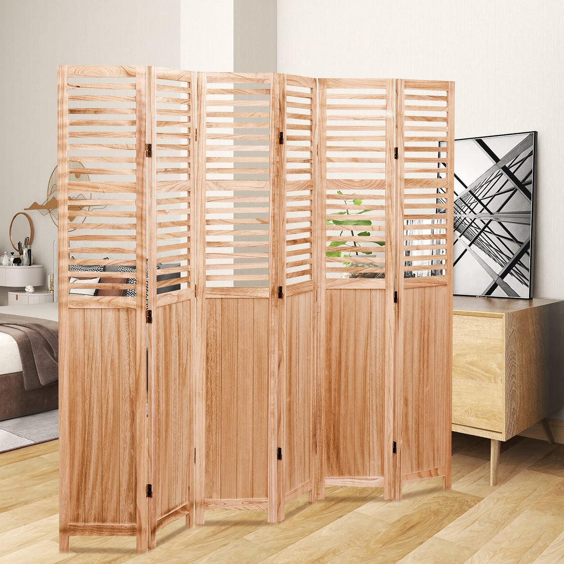 82.8'' W X 65'' H 6 Panel Solid Wood Folding Room Divider, Natural Natural Solid Wood