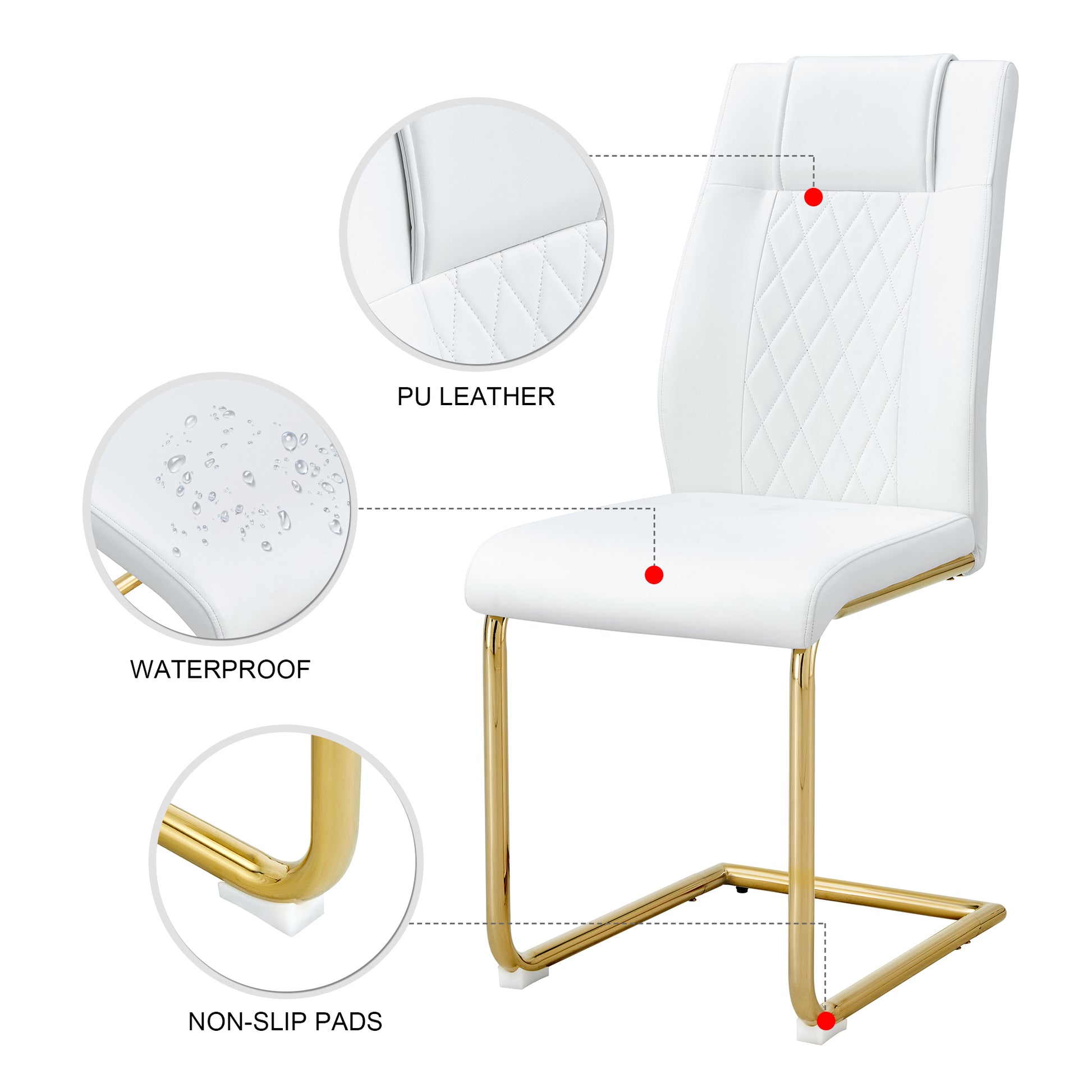 Table And Chair Set.Modern Rectangular Glass Dining Table With A Tempered Glass Tabletop And Metal Legs, Paired With Multiple Chairs Designed With Pu Cushions And Golden Metal Legs. White Gold Seats 6 Tempered Glass