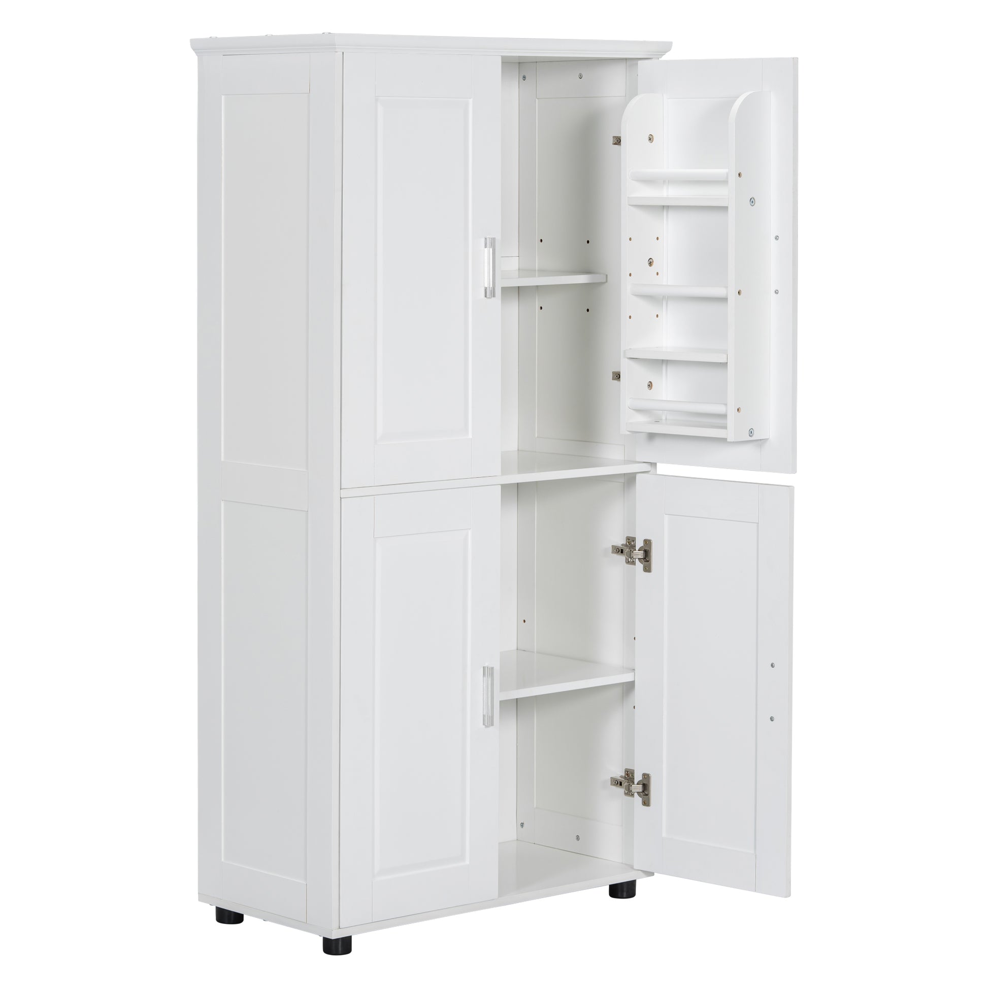 Tall And Wide Bathroom Floor Storage Cabinet, Bathroom Storage Unit, Freestanding Cabinet With 4 Doors, Adjustable Shelves, White White Mdf