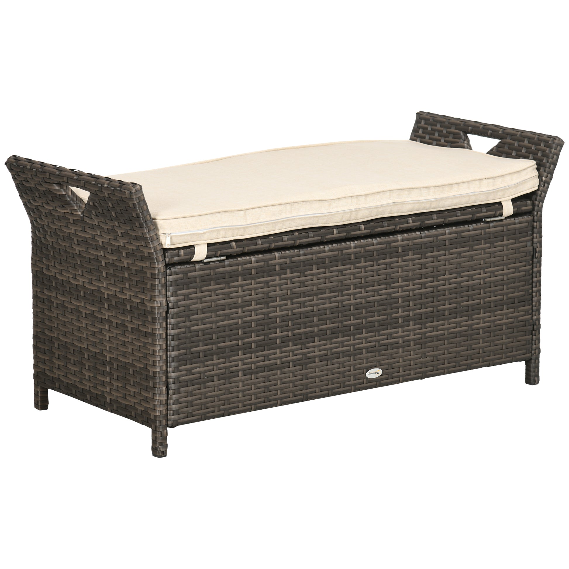Outsunny 27 Gallon Patio Wicker Storage Bench, Outdoor Pe Rattan Patio Furniture, 2 In 1 Large Capacity Rectangle Garden Storage Box With Handles And Cushion, Cream White Brown White Steel