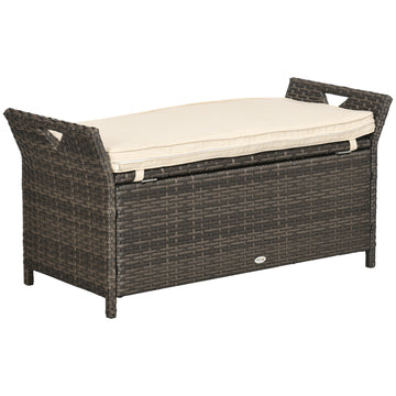 Outsunny 27 Gallon Patio Wicker Storage Bench, Outdoor Pe Rattan Patio Furniture, 2 In 1 Large Capacity Rectangle Garden Storage Box With Handles And Cushion, Cream White Brown White Steel