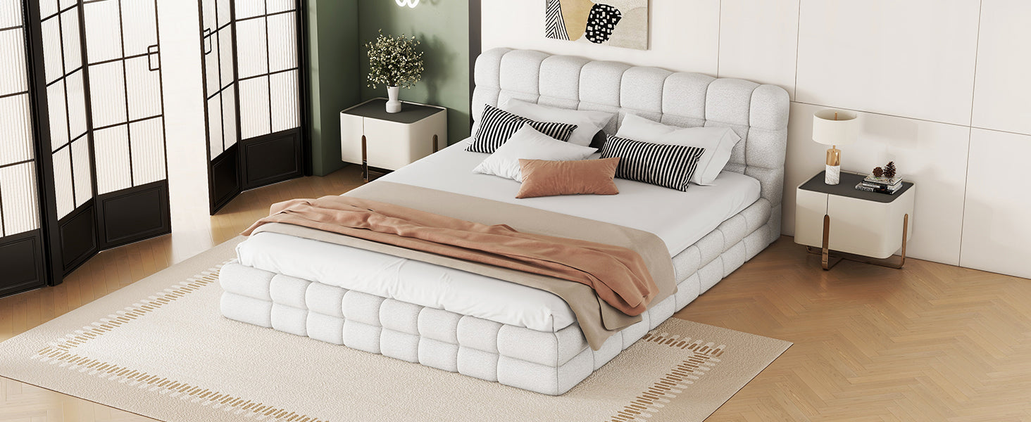 Queen Size Upholstered Platform Bed, White Box Spring Not Required Queen White Wood Bedroom Bed Frame Upholstered