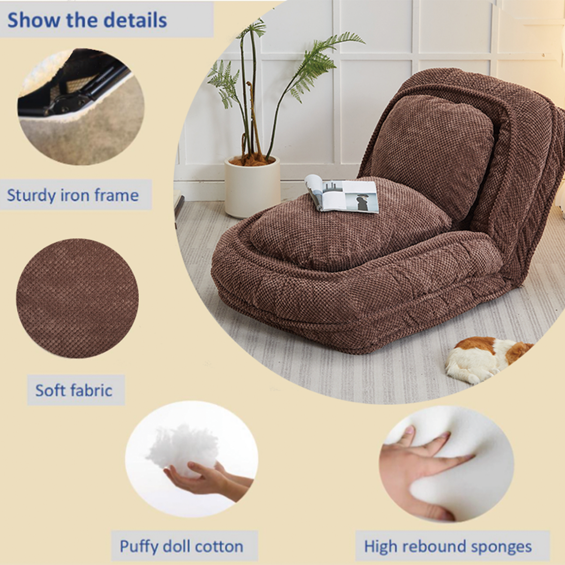 Human Dog Bed ,Lazy Sofa Couch ,5 Adjustable Position,Sit,Sleep,Fold,Suit To Put In Bedroom, Living Room ,Space Saving Design,Brown Brown Polyester Metal Primary Living Space Medium Soft Cushion Back Modern Foam Polyester