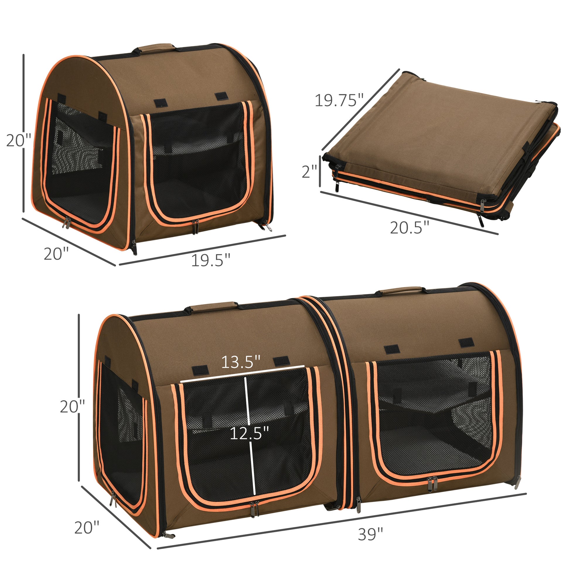 Pawhut 39" Portable Soft Sided Pet Cat Carrier With Divider, Two Compartments, Soft Cushions, & Storage Bag, Brown Brown Polyester