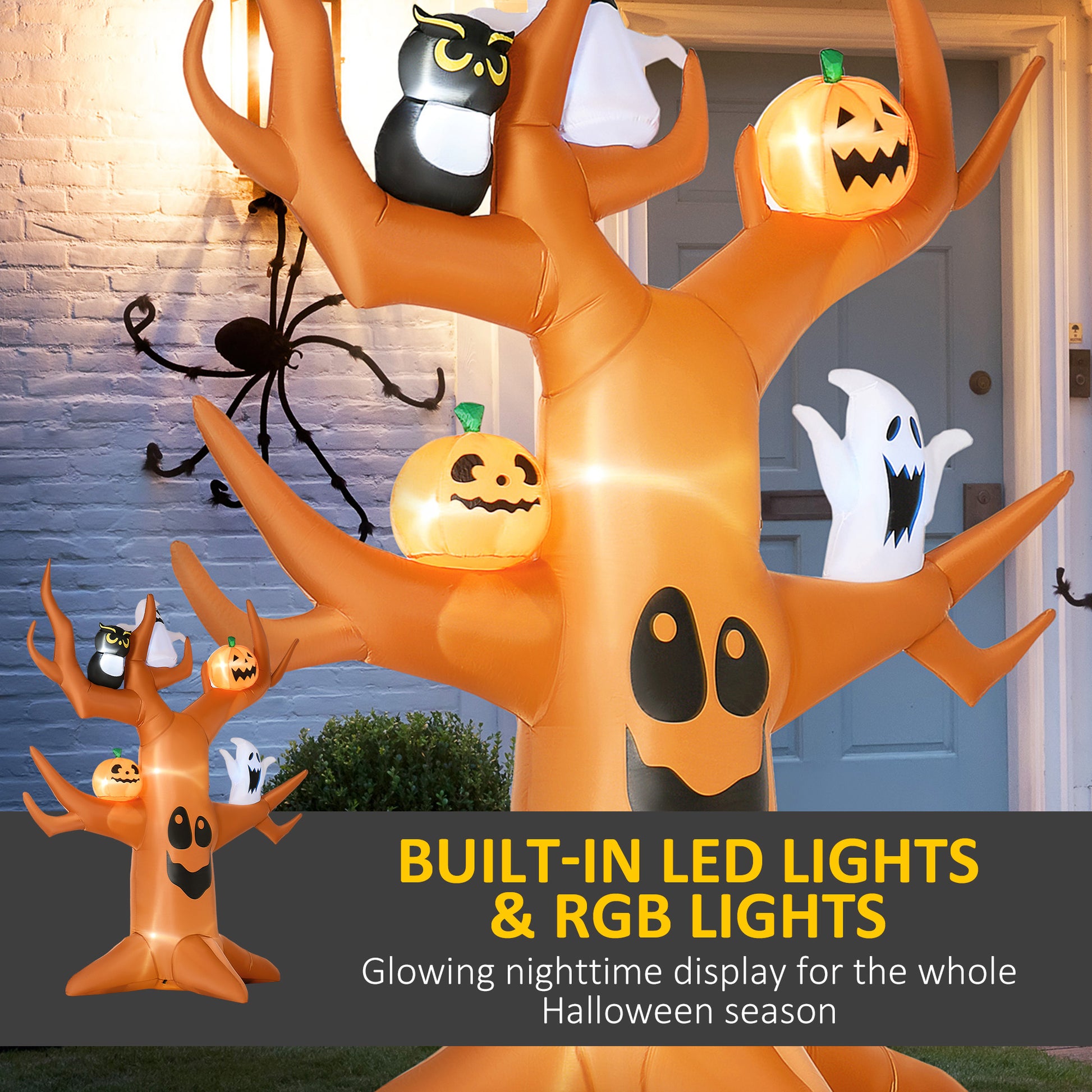 Outsunny 9Ft Halloween Inflatables Outdoor Decorations, Haunted Tree With Pumpkin, Ghosts And Owl, Blow Up Led Yard Decor For Garden, Lawn, Party, Holiday, Waterproof Brown Polyester