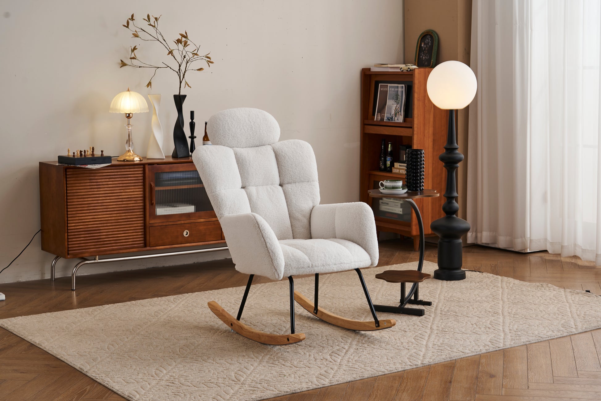 055 Teddy Fabric Upholstered Nursery Rocking Glider Chair Mid Century Modern Accent Arm Chair Padded Seat With High Backrest And Pillows For Living Room Bedroom Offices Ivory Teddy Headrest Solid