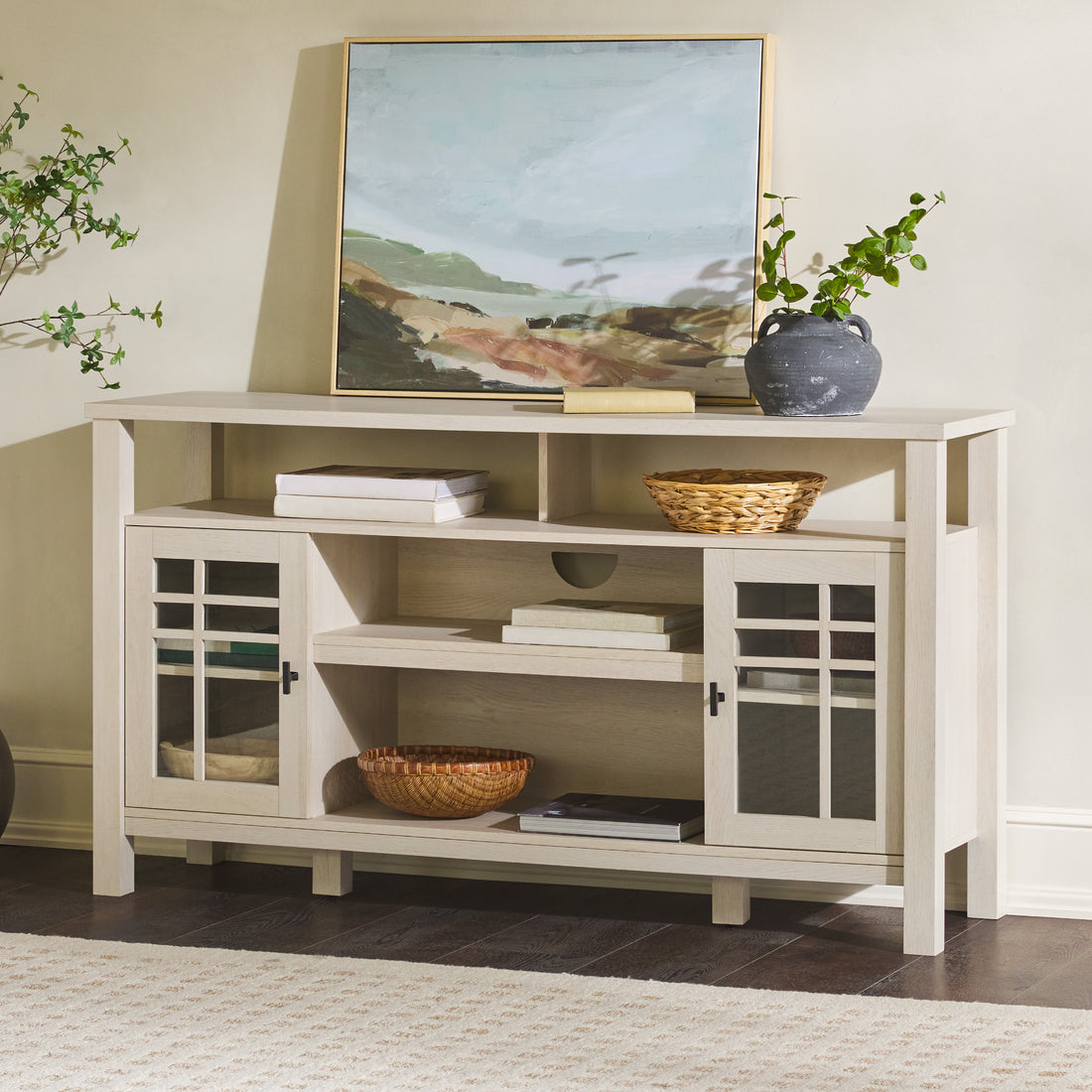 Transitional 58" 2 Door Sideboard With Windowpane Design, Ivory Oak Ivory Mdf Mdf