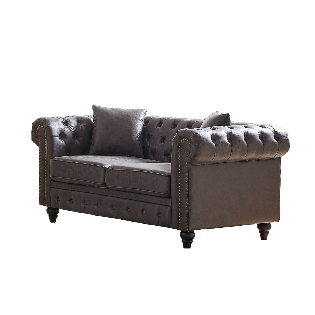 Fx 63.5" Contemporary Design Chesterfield Sofa, Tech Fabric Button Design Living Room Sectional, Button Tufted With Nail Design Arms With 2 Pillows, Upholstered Upholstery And Wooden Legs Grey Wood Primary Living Space Pine Foam Fabric 3 Seat