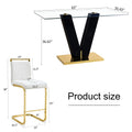 Table And Chair Set. A Rectangular Glass Dining Table With A 0.4 Inch Tempered Glass Tabletop And Mdf Board V Shaped Bracket, Paired With Chairs Consisting Of Pu Seat Cushions And Golden Metal Legs. White Black Seats 4 Tempered Glass