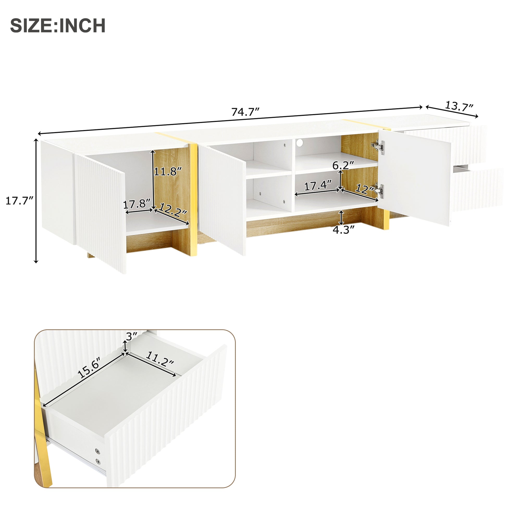 Luxury Fluted Tv Stand For Tvs Up To 80'', Modern Entertainment Center With Storage Cabinets & Drawers, Smooth Media Console With Golden Wood Grain Legs For Living Room, White White Primary Living Space 80 89 Inches Particle Board Mdf