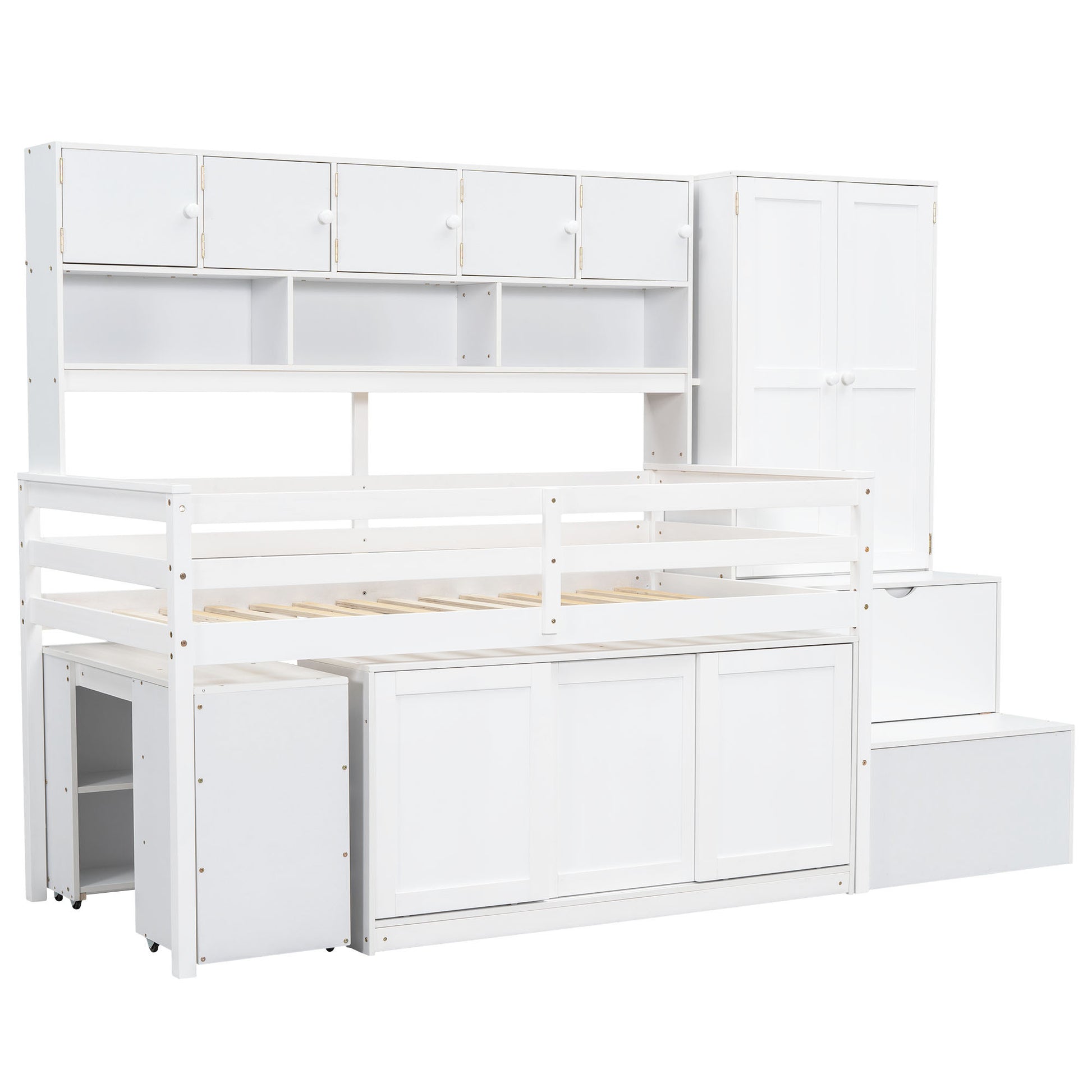 Twin Size Wooden Loft Bed Big Storage With Under Bed Desk, With Drawers, With Shelves, White Twin White Plywood