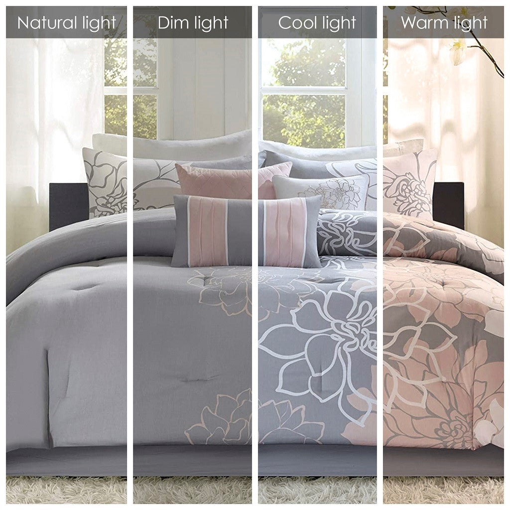 Printed Cotton Sateen Comforter Set Grey Peach Queen Queen Grey Peach Polyester
