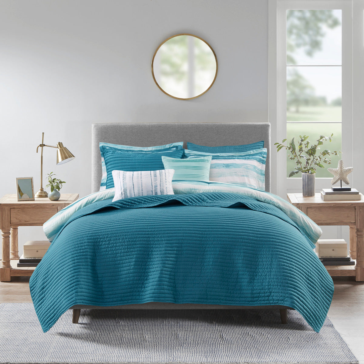 8 Piece Printed Seersucker Comforter And Quilt Set Collection Aqua King Cal King King Aqua Polyester