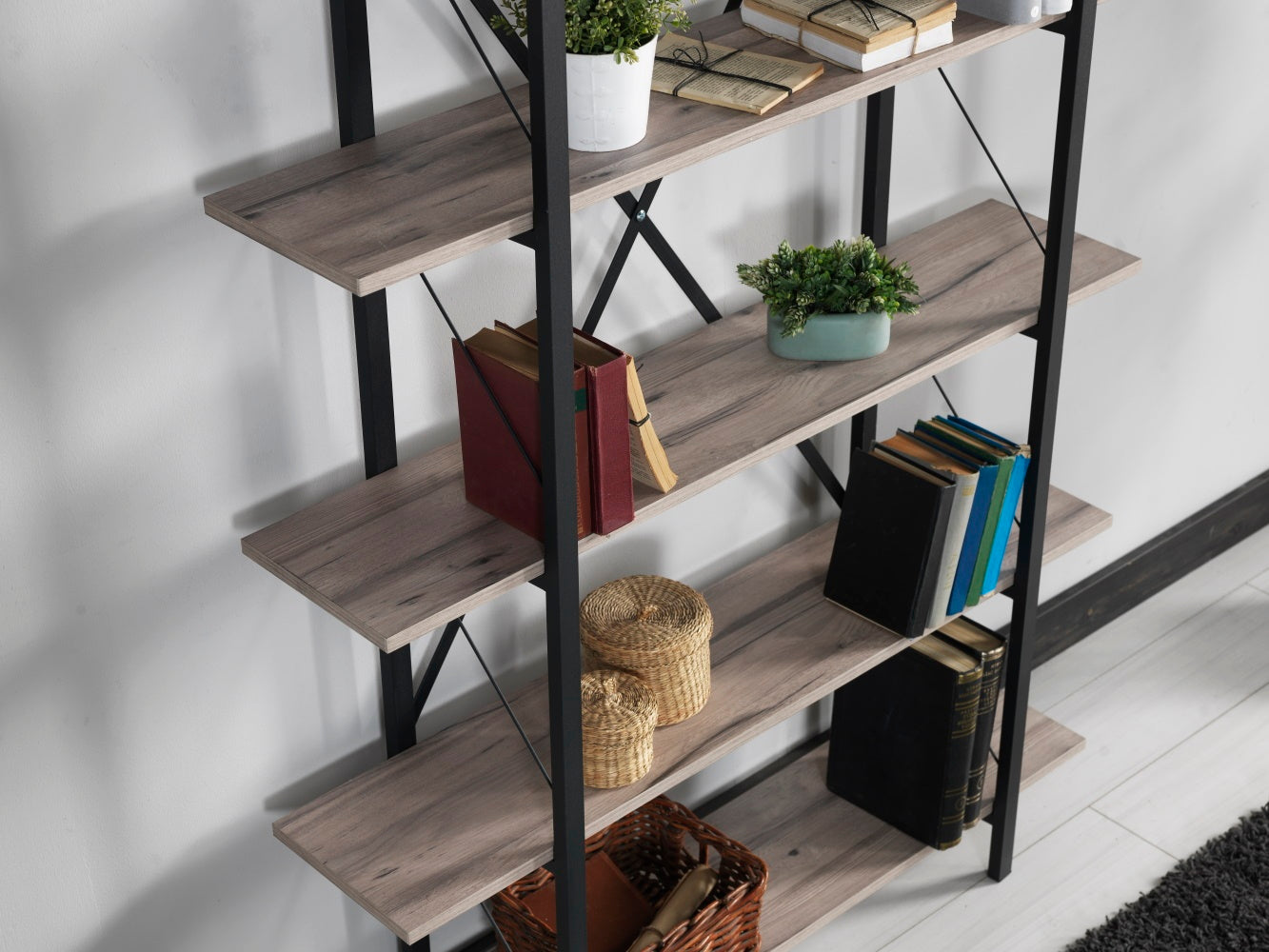 Katerina 5 Tier Bookcase, Metal Frame Wood Base Bookshelf, Oak 5 Oak Standard Vertical Open Back Metal Contemporary Stackable Wood