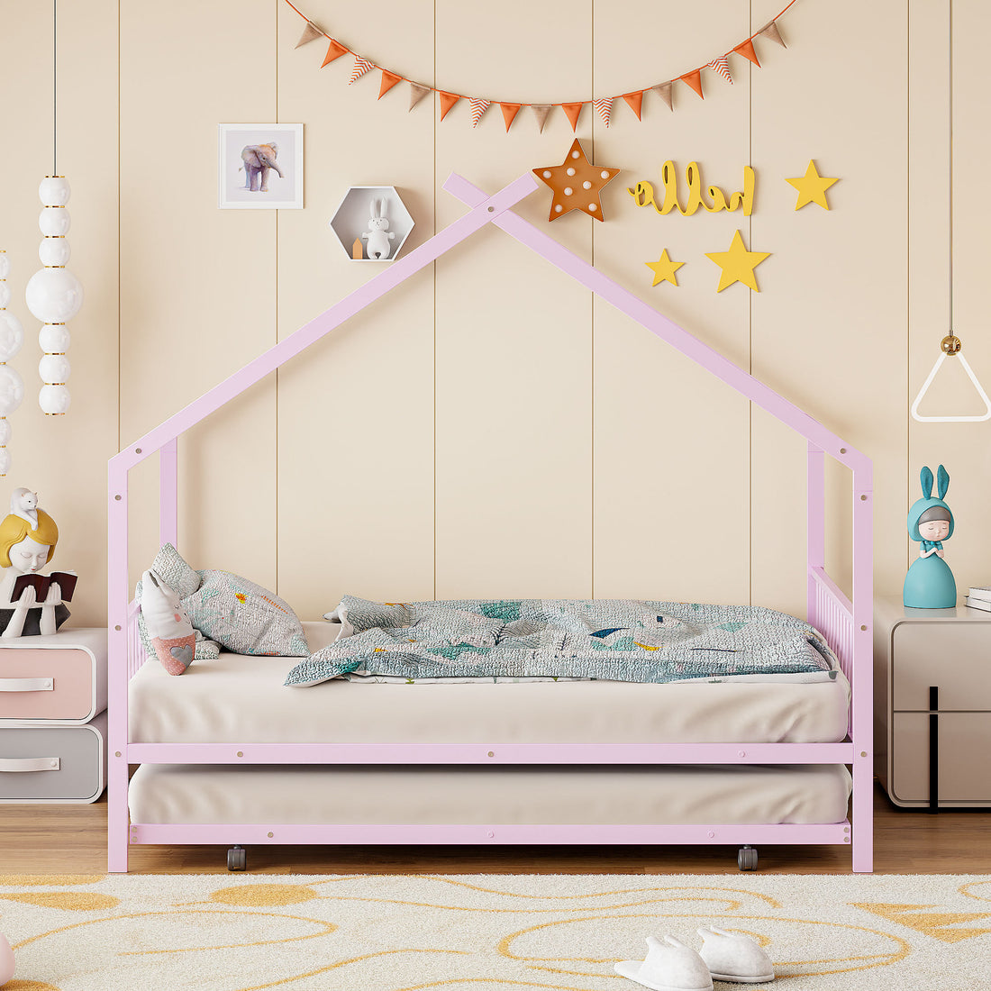 Full Size Metal House Bed With Twin Size Trundle, Pink Full Pink Metal