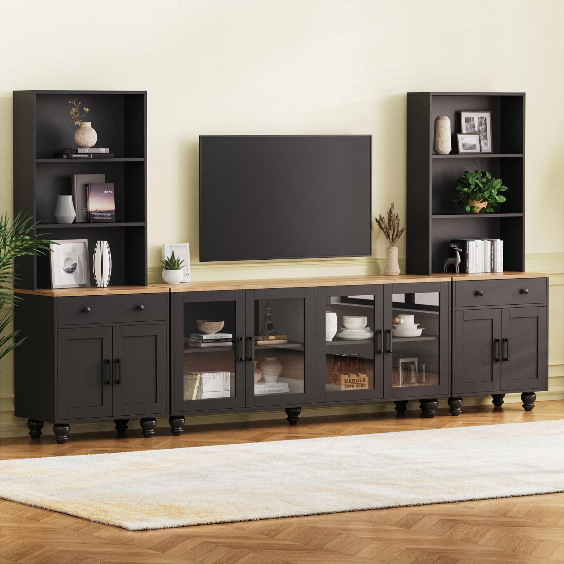 Farmhouse Tv Stand With Solid Wood Gourd Shaped Legs For Tvs Up To 70", Entertainment Center With Bookshelves & Tempered Glass Doors, Media Console With Adjustable Shelves, Living Room, Black Black