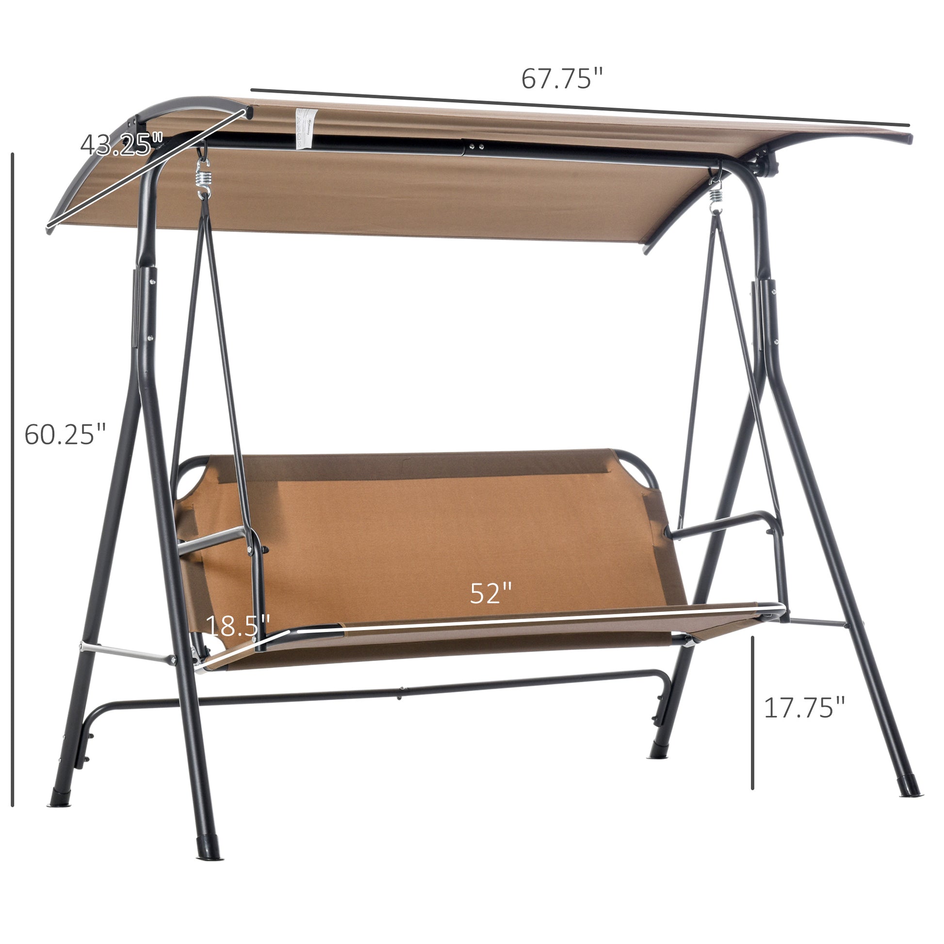 Outsunny 3 Person Porch Swing With Stand, Outdoor Swing For Patio Porch With Adjustable Tilt Canopy And Comfortable Swing Bench Style Seat, Steel Frame, Brown Brown Plastic