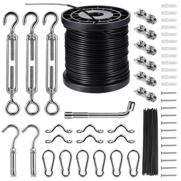 String Lights Hanging Kit,Globe String Lights Suspension Kit,Outdoor Light Guide Wire,Includ 164 Ft Nylon Coated Stainless Steel Wire Rope Cable,Turnbuckle And Hooks,Enough Accessories,Use Manual Black Stainless Steel