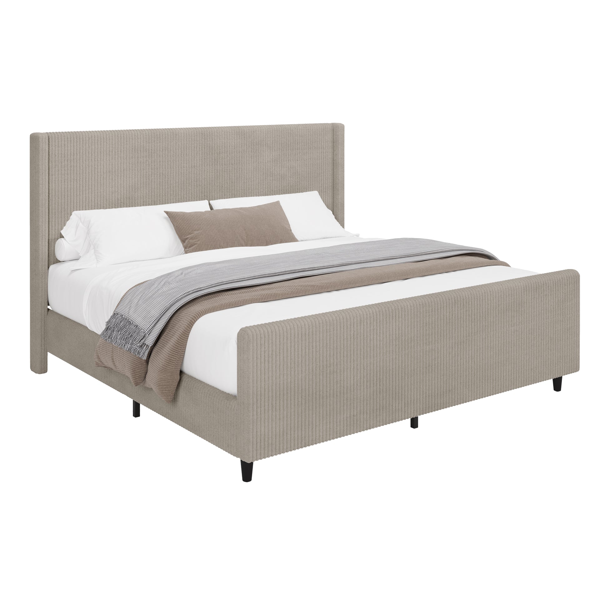 50.7'' High Headboard Corduroy Upholstered Bed Frame With Vertical Stripe Wingback And High Footboard No Box Spring Needed, King Size, Taupe Box Spring Not Required King Taupe Wood Bedroom Modern Bed Frame Wood