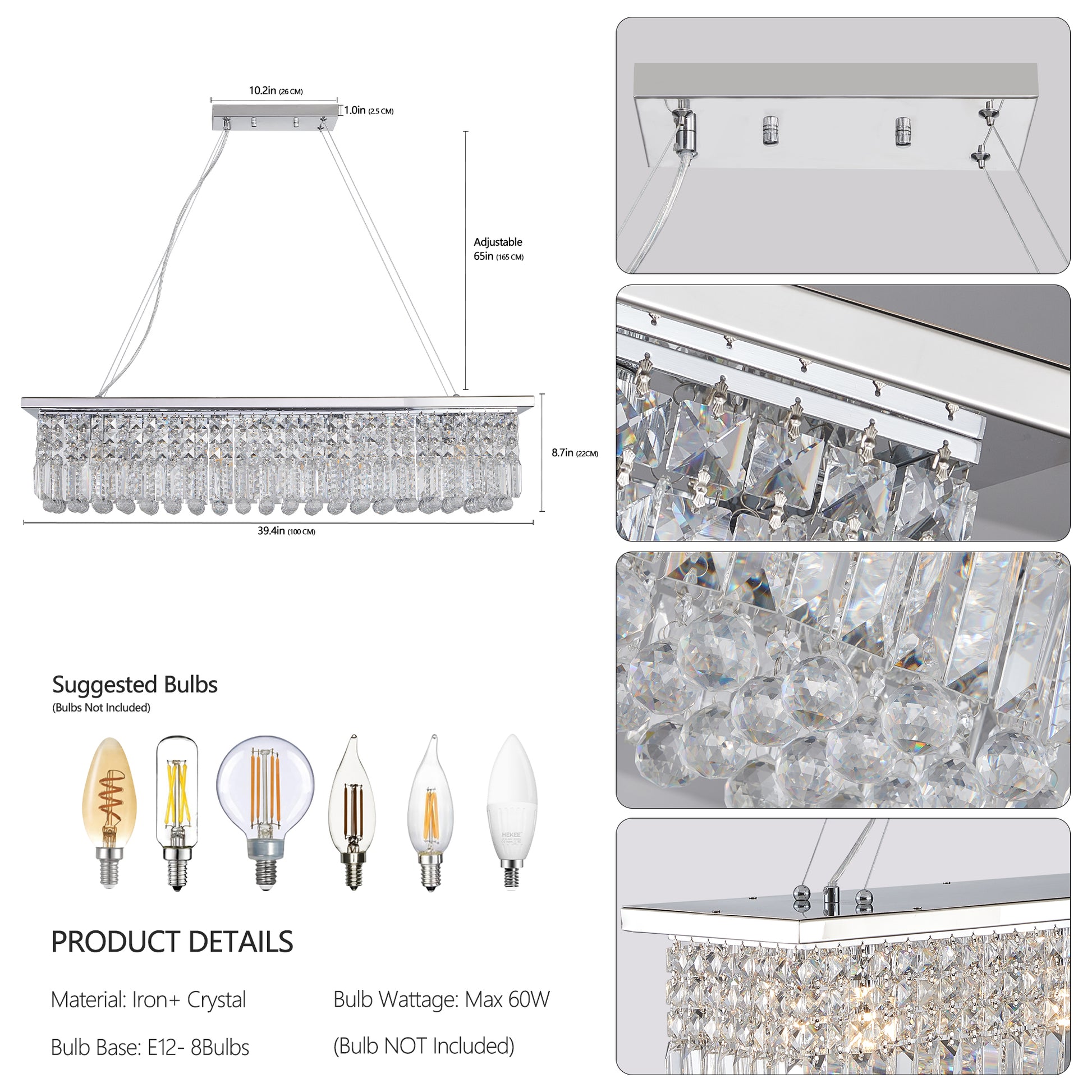 Modern Crystal Chandelier For Dining Room 8 Light White Rectangle Raindrop Chandelier Contemporary Rectangular Pendant Light Fixture For Kitchen Island Bar L39.4'' X W9.8'' X H8.7' Bulb Not Included Chrome Crystal Iron