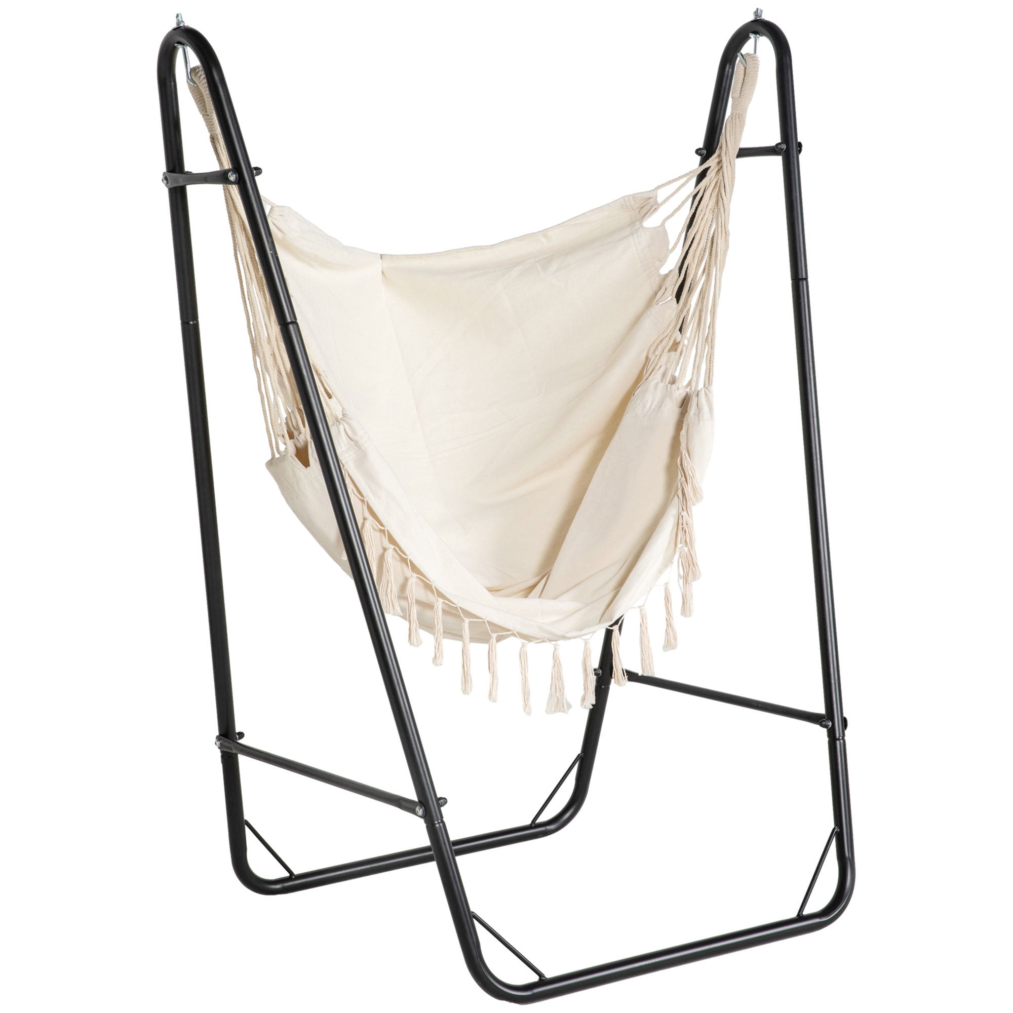 Outsunny Patio Hammock Chair With U Shape Stand, Outdoor Hammock Swing Hanging Lounge Chair With Side Pocket, Black Cream White White Steel