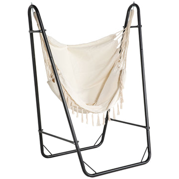 Outsunny Patio Hammock Chair With U Shape Stand, Outdoor Hammock Swing Hanging Lounge Chair With Side Pocket, Black Cream White White Steel