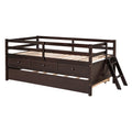 Low Loft Bed Twin Size With Full Safety Fence, Climbing Ladder, Storage Drawers And Trundle Espresso Solid Wood Bed Espresso Solid Wood