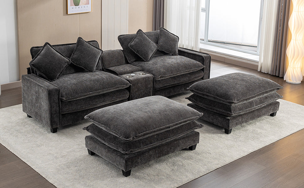 112.6" Sectional Sofa Chenille Upholstered Sofa With Two Removable Ottoman, Two Usb Ports, Two Cup Holders And Large Storage Box For Living Room, Black Black Foam Chenille 2 Seat