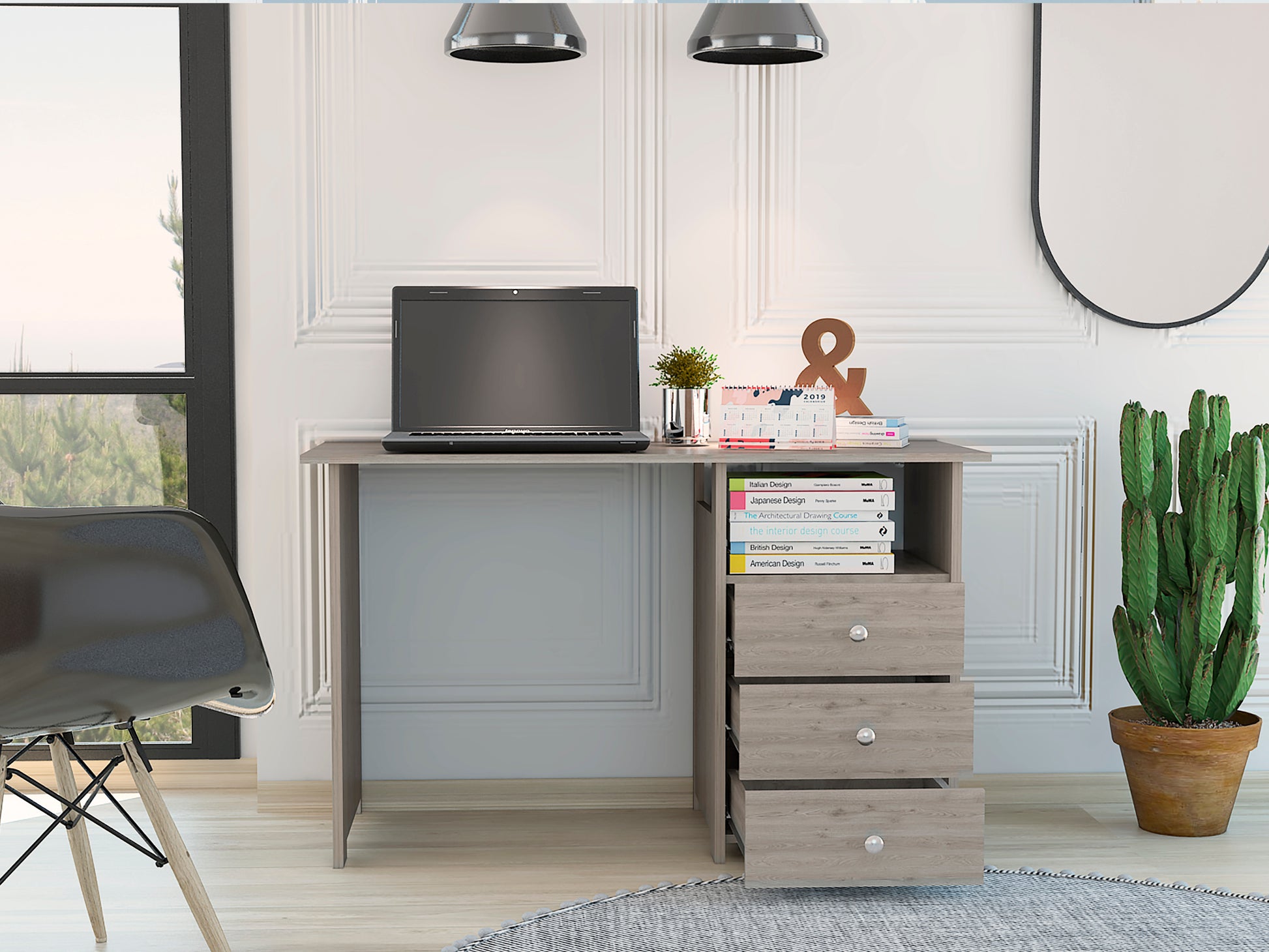 Bianco Writing Computer Desk, Three Drawers, One Shelf Grey Computer Desk Office Modern Freestanding Rectangular Open Storage Desk Rectangular Particle Board Engineered Wood