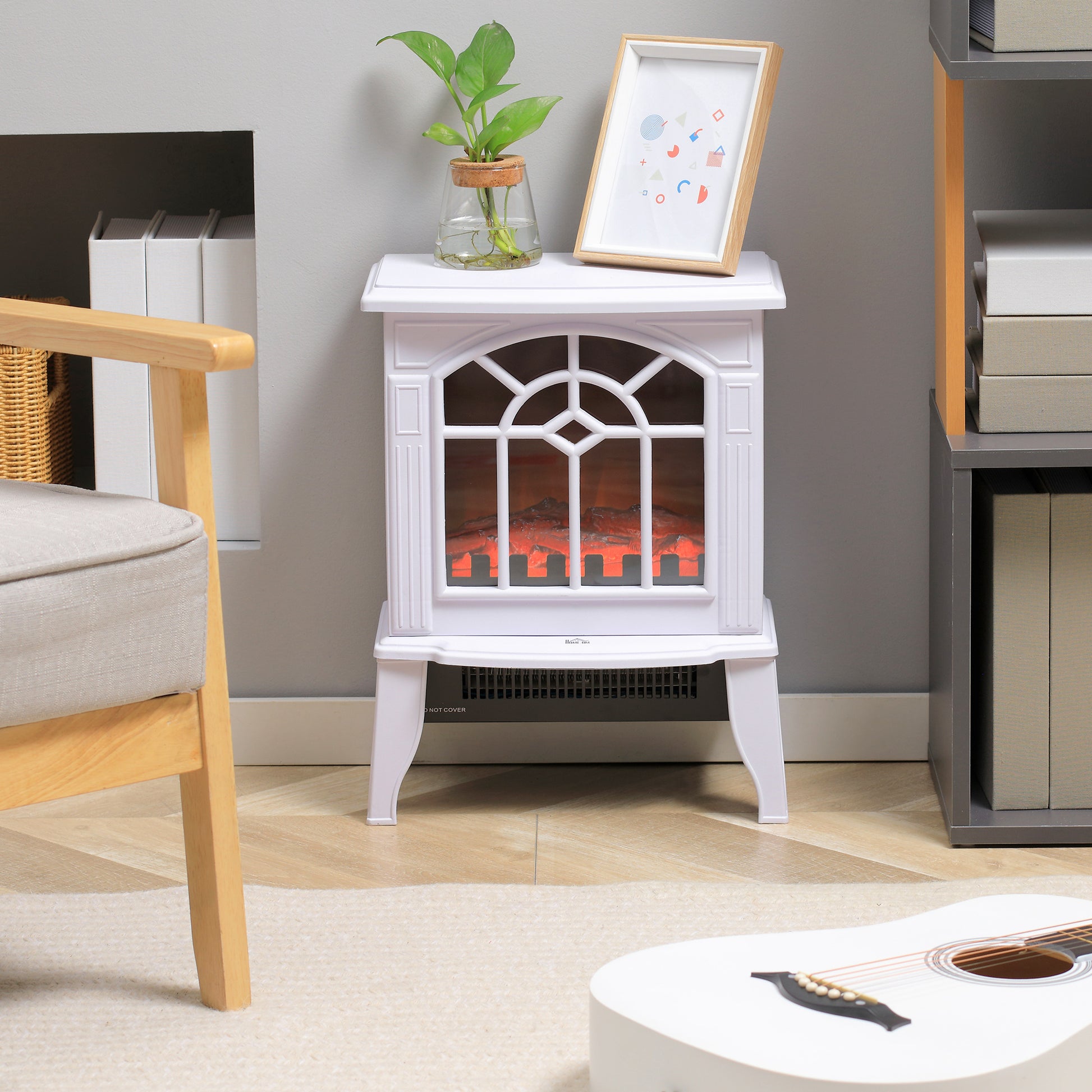 Homcom Electric Fireplace Stove, 18" Freestanding Fireplace Heater With Realistic Flame, Overheating Protection, Portable, 750W 1500W, White White Plastic