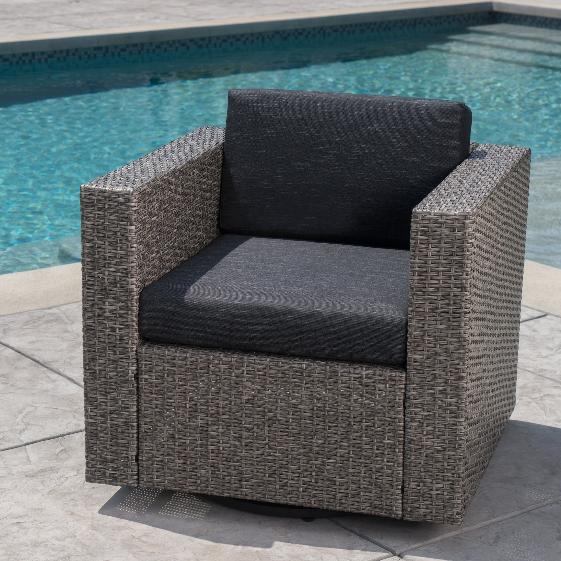 Puerta Mp1 Swivel Patio Chair With Cushions Single, Mix Black Dark Grey Black Gray Fabric,Iron,Wicker