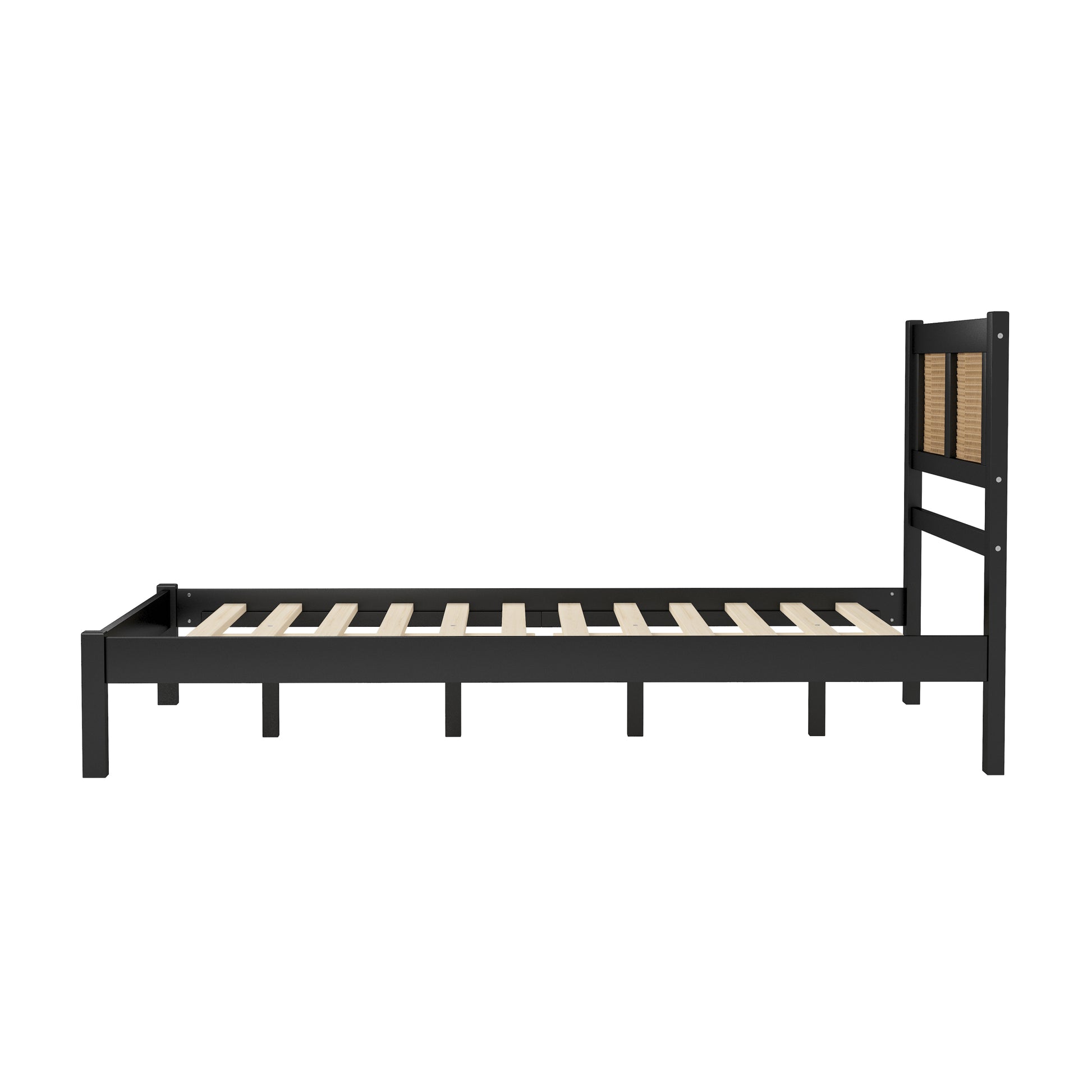 3 Pieces Bedroom Sets Full Size Wooden Platform Bed With Natural Rattan Headboard, Nightstands Set Of 2 With Rattan Woven Surfaces And Three Drawers For Bedroom, Black Black Particle Board
