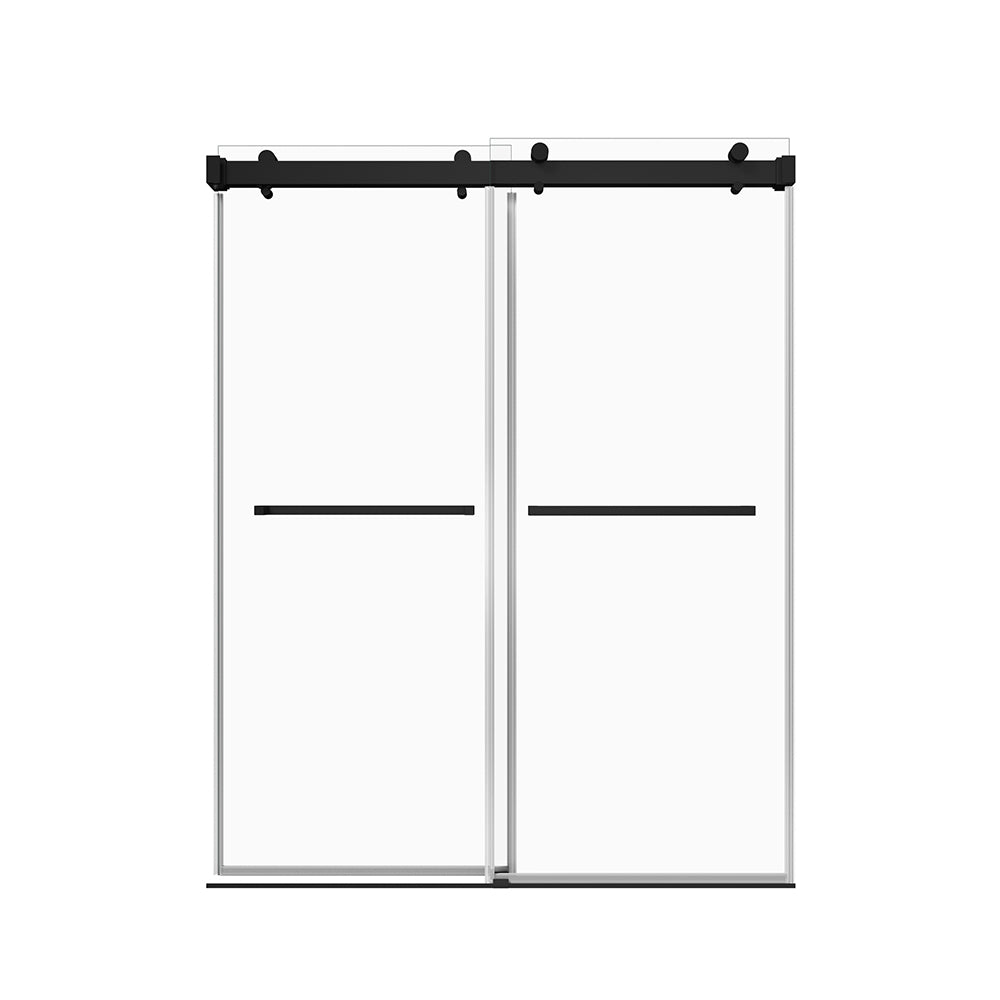 56'' 60'' W X 76'' H Soft Closing Double Sliding Frameless Shower Door With 3 8 Inch 10Mm Clear Glass In Matte Black Matte Black Stainless Steel