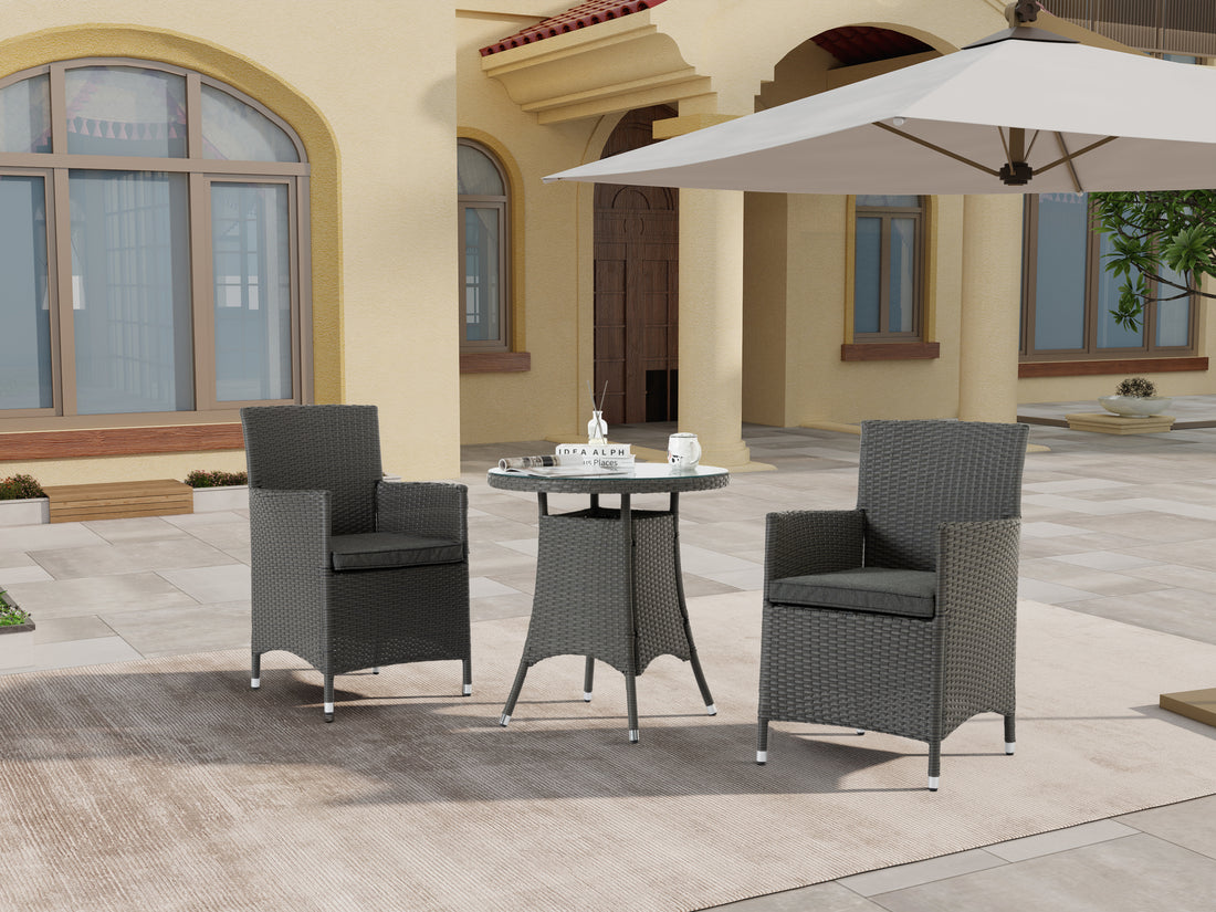 3 Piece Outdoor Dining Set All Weather Wicker Patio Dining Table And Chairs With Cushions, Round Tempered Glass Tabletop For Patio Backyard Porch Garden Poolside Grey Rattan