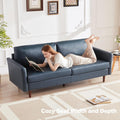 80'' Faux Leather Sofa, 3 Seater Leather Couch With Cozy Wide Seats And Padded Cushions, Mid Century Modern Loveseat Couches For Living Room, Easy Assembly, Blue Light Brown Wood Primary Living Space Heavy Duty Acacia 3 Seat Peacock Blue Faux Leather