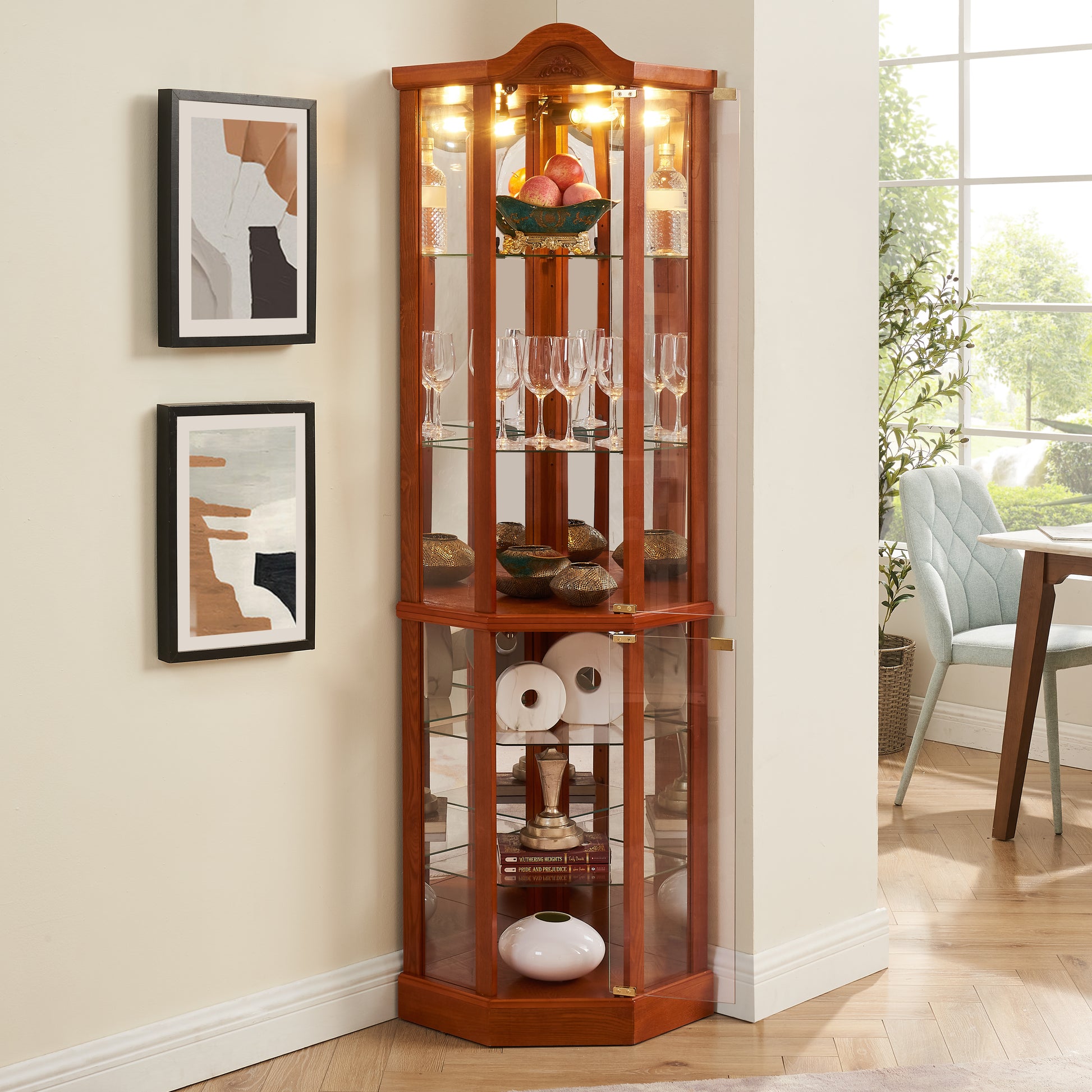 Glass Cabinet Lighted Corner Cabinet Corner Display Curio Cabinet, Glass Display With Light Included Bar Cabinet,Wine Cabinet With Adjustable Glass Shelves Carved Decoration Oak Light Included Oak