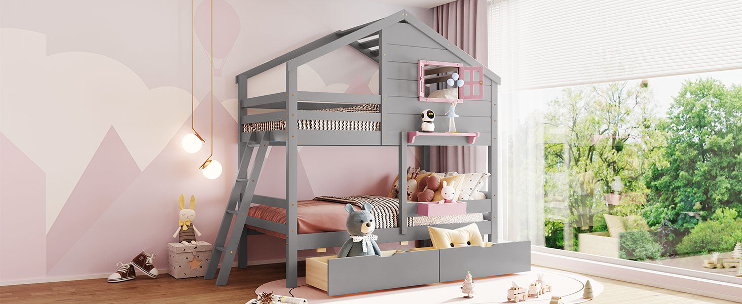 Twin Over Twin Bunk Bed With 2 Drawers, 1 Storage Box, 1 Shelf, Window And Roof Gray Old Sku:Lt001608Aae Twin Gray Solid Wood