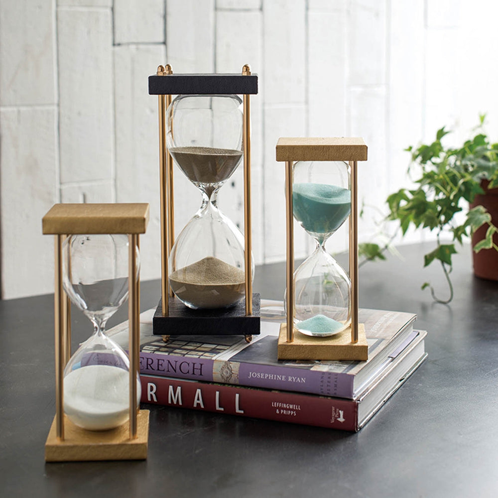 10" Papin Natural 30 Minute Hourglass, Framed With An Metal Stand, Gold&White Gold,White Pu Leather,Wood Metal Glass