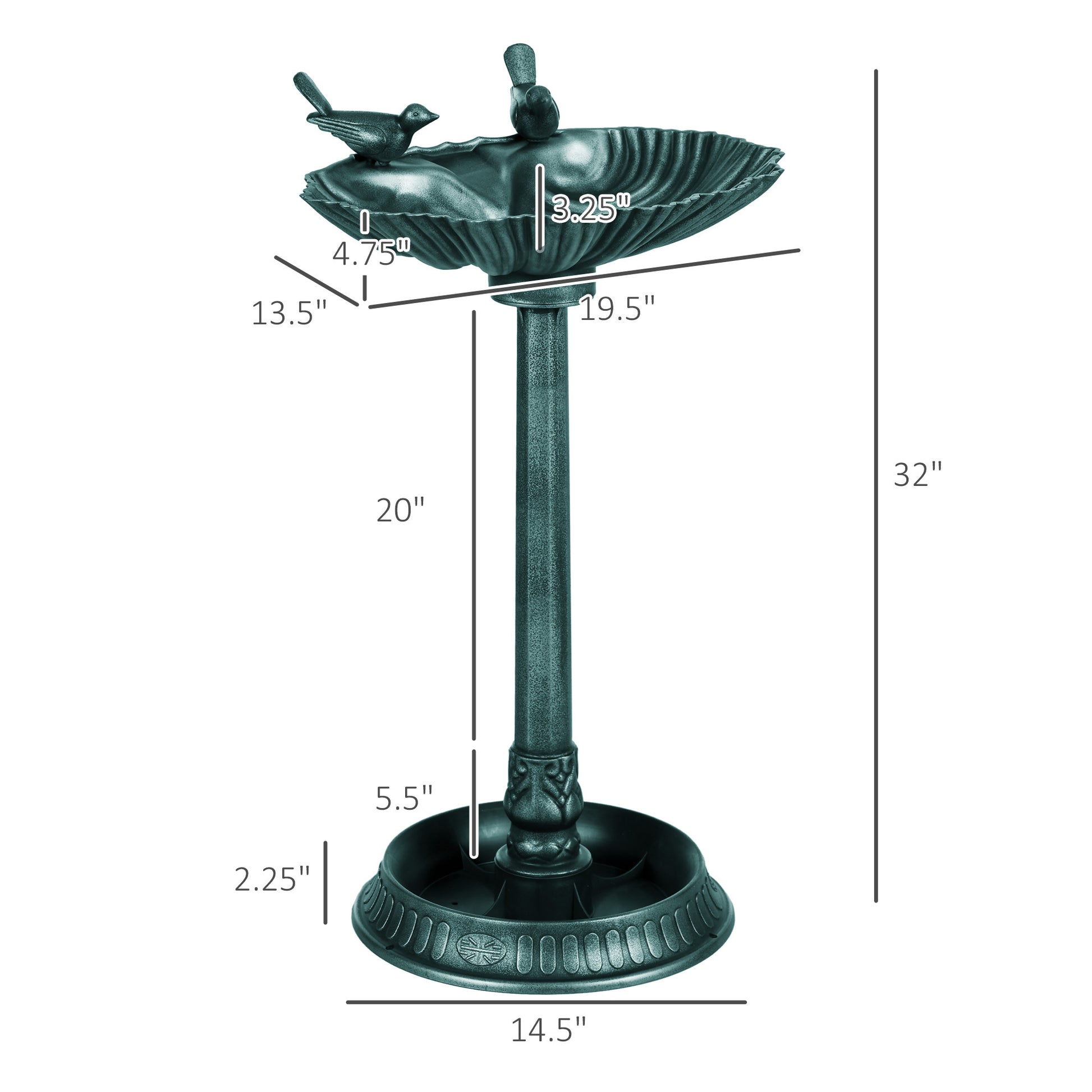 Outsunny 32" Antique Bird Bath With Pedestal Flower Planter Base, Vintage Style Decorative Birdbath, Bird Feeder Bowl & Planter Decoration Yard Statue, Verdigris Green Polypropylene