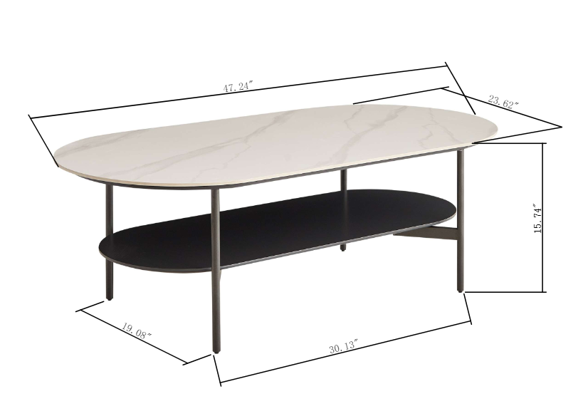 Coffee Table Ceramic Coffee Table, Mdf Painting Double Layer Coffee Table For Living Room, White Ceramic And Coffee Brown Bottom Shelf Black White Ceramic Mdf