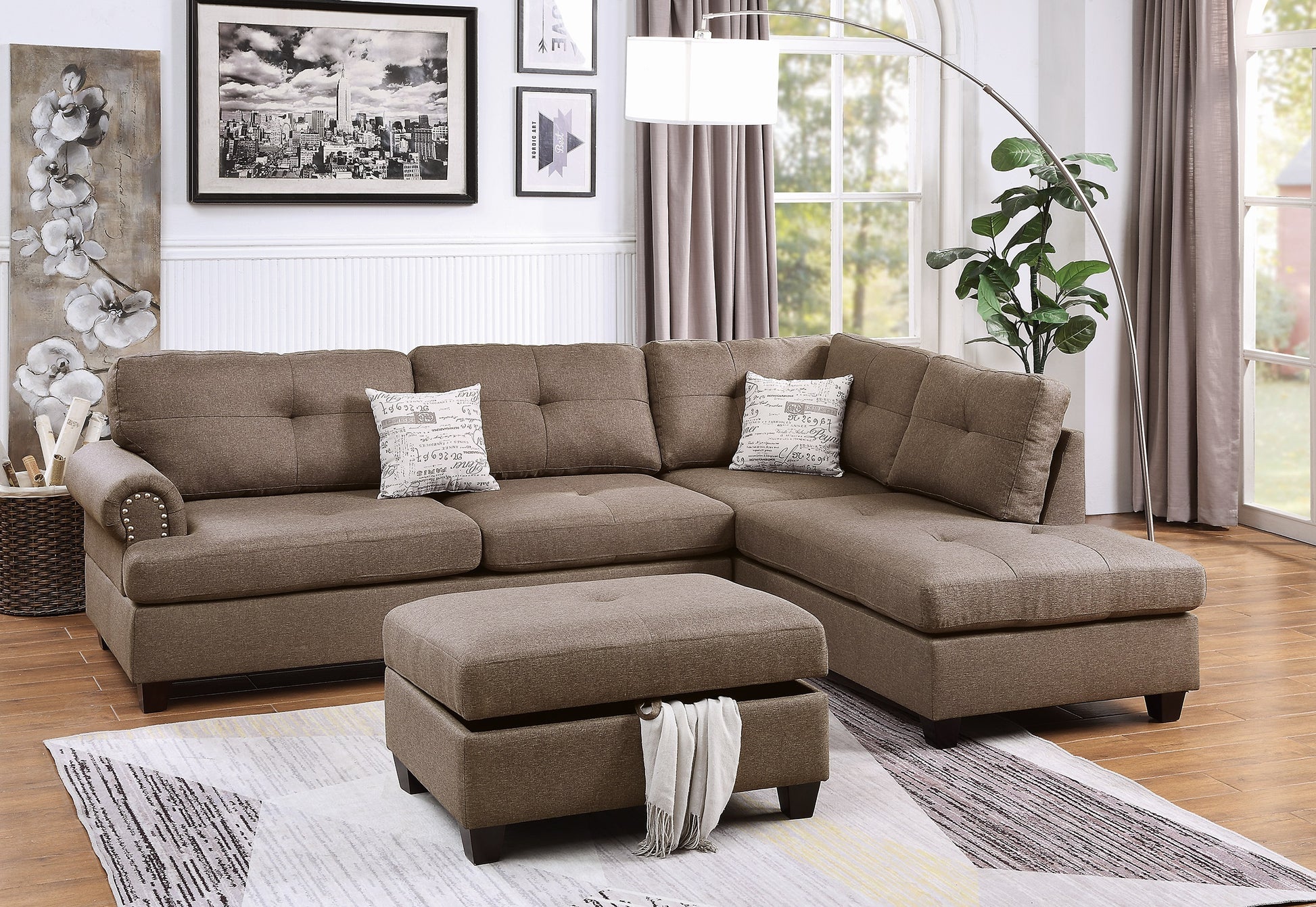 Contemporary 3 Pcs Sectional Sofa Mocha Dorris Fabric Cushion Sofa Chaise Ottoman Reversible Couch Pillows Mocha Wood Primary Living Space Tufted Back Contemporary,Modern L Shaped Rubberwood Particle Board 5 Seat