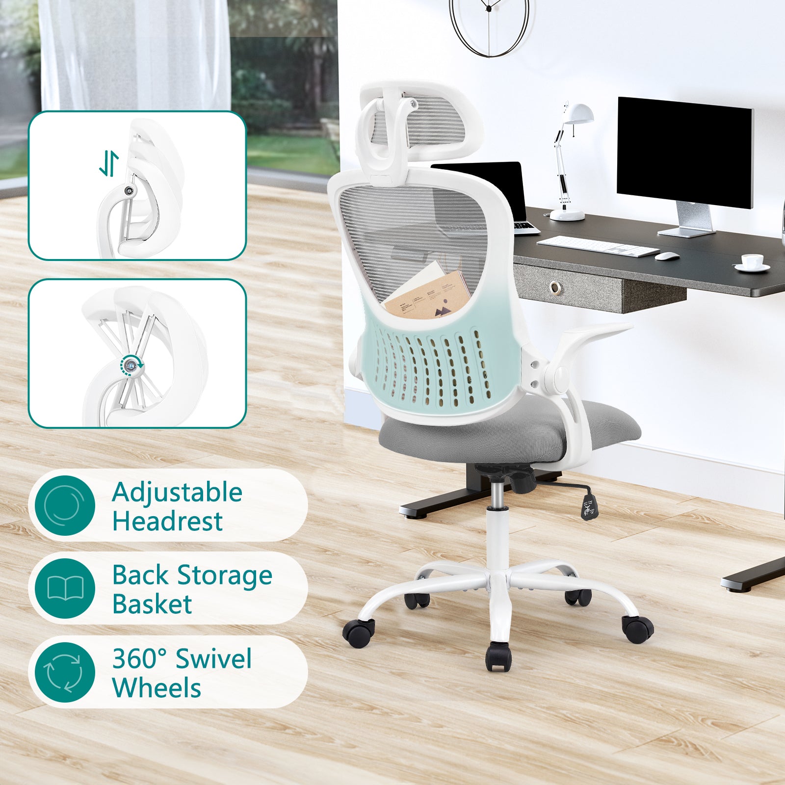 Office Chair, Comfortable Swivel Chair With High Back, Wheels, Adjustable Headrest, Comfortable Lumbar Support, Flip Arm, Pink Grey Stainless Steel