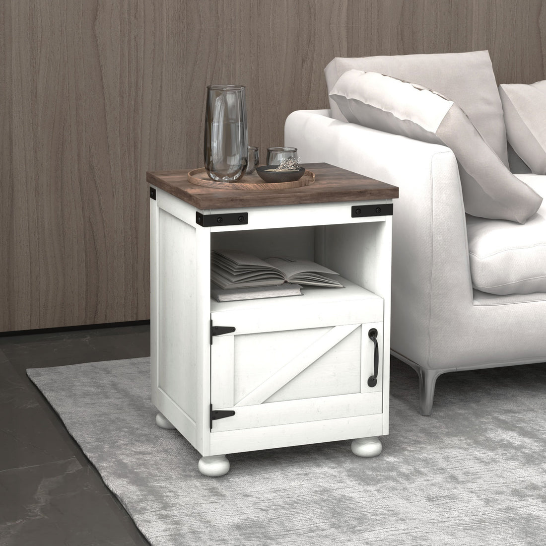 Homcom Small Side Table With Storage, Farmhouse End Table With Open Shelf And Cupboard, Modern Sofa Table With Wood Legs For Living Room, White White Particle Board